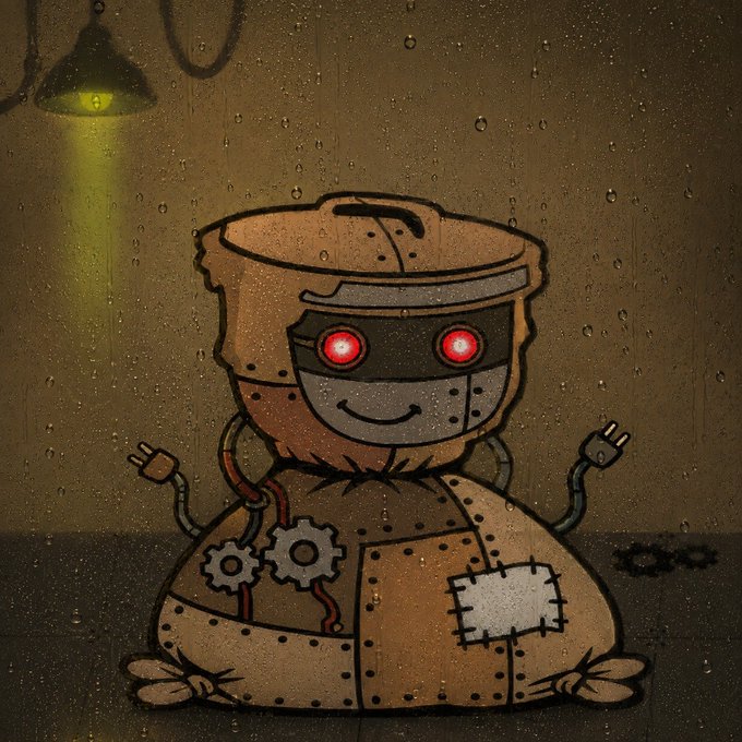 A cartoon illustration of a rusty, sack-like robot character with glowing red eyes, stitched patches, and visible wires and gears, standing under a hanging lamp that casts a greenish light.