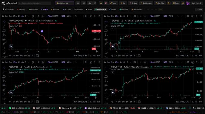 A trading terminal (DexScreener) displaying four candlestick charts for PulseX pairs: PSEQ/USDC, HEX/USDC, PLSX/USDC, and INC/USDC.