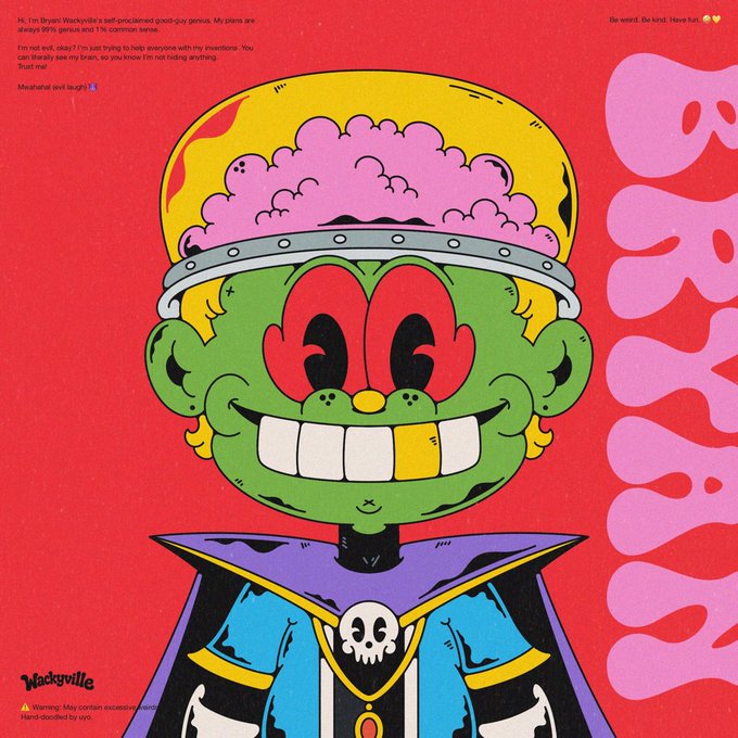 Colorful cartoon illustration of a green zombie-like character with an exposed pink brain wearing a crown and skull-pendant outfit, titled 'Wackyville' with red background.