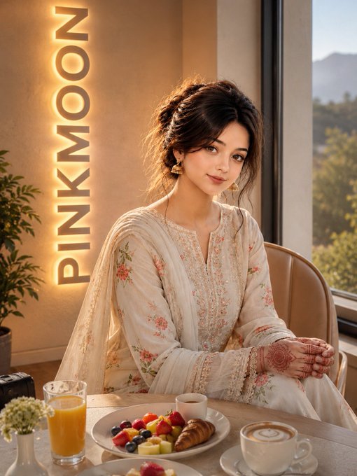 A woman wearing an intricately embroidered white floral outfit sits at a table with coffee, juice, and a fruit plate, with 'PINKMOON' displayed in a neon sign on the wall behind her.