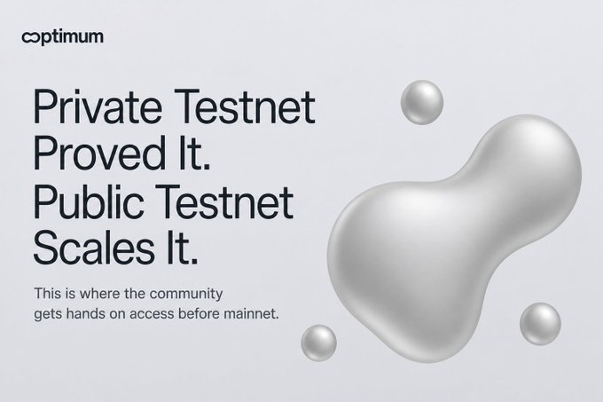 A marketing graphic for Optimism crypto project with text 'Private Testnet Proved It. Public Testnet Scales It. This is where the community gets hands on access before mainnet.' alongside a 3D rendered silver blob shape.