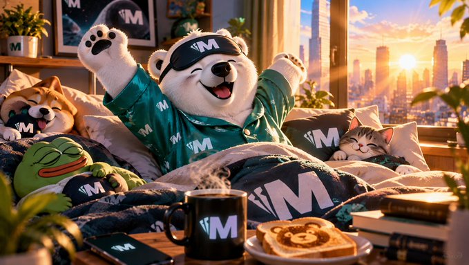 An animated polar bear wearing a green hoodie and a black sleep mask with an 'M' logo stretches happily in bed, surrounded by pillows and plush toys branded with the same 'M' logo, with a coffee mug and toast in the foreground.
