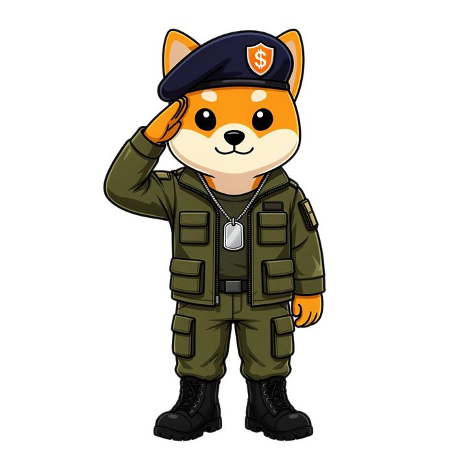 A cartoon Shiba Inu dog in military uniform salutes, wearing a beret with a "$" shield emblem, symbolizing the SHIBArmy as a formidable global force of 1.598M holders—rivaling the active duty militaries of major world powers.