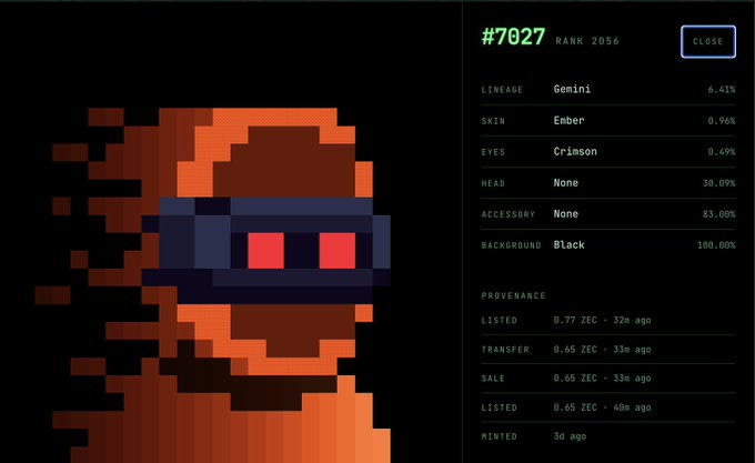 CryptoPunk #7027 with traits including Gemini lineage, Ember skin, Crimson eyes, and Black background, ranked 2056.