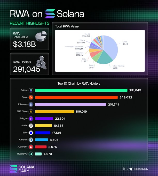 This infographic from Solana Daily highlights Solana's Real World Assets (RWA) ecosystem reaching an all-time high, showcasing a total RWA value of $3.18B and 291,045 RWA holders. A pie chart breaks down the value by issuer—with Tether Holdings ($3.8B) and Circle ($7.1B) leading—while a bar chart confirms Solana tops all chains by RWA holders, surpassing Plume (249,032) and Ethereum (201,741).