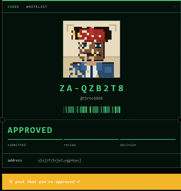 A screenshot of a ZADDR whitelist approval page showing user "@tbros6868" with the ID "ZA-QZB2T8" has been marked as "APPROVED," with a prompt at the bottom encouraging the user to post their approval on X (formerly Twitter). The accompanying post about nominating "@soonlidaero" doesn't appear directly connected to this approval image, which seems to celebrate the user's successful whitelist approval for the ZADDR project.