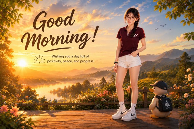 A stylized 'Good Morning!' greeting card featuring a smiling young woman in a maroon polo shirt and white shorts standing on a wooden deck overlooking a misty mountain sunrise landscape, with a small penguin-like mascot beside her and the message 'Wishing you a day full of positivity, peace, and progress.'