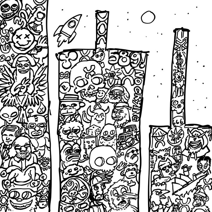 A black-and-white doodle illustration filled with densely packed cartoon characters, faces, skulls, aliens, and symbols, with a small rocket in the upper left and the name "58" along with "KONGZILLA" and "HIGHER" visible among the artwork, all relating to the xrpl community's collaborative NFT art project, while a hidden chess piece can be spotted amongst the crowded figures.