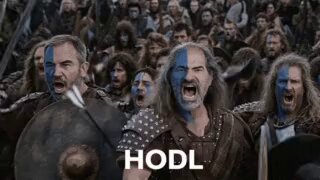 The image features a group of people dressed in medieval clothing, with some of them holding swords or shields. They are standing close together, possibly as part of an event or gathering. The caption below the image reads "HODL", which is likely a reference to Bitcoin or another cryptocurrency.
