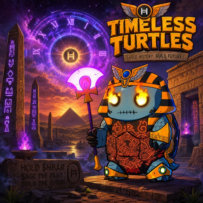 The image features a cartoon turtle character with a sword, standing in front of an obelisk or monument. The background depicts a sunset over a desert landscape, which adds to the overall atmosphere of the scene. The text "HOLD HISTORY, BUILD FUTURE" is written above and below the turtle's head, suggesting that this image could be related to a social media post promoting the game "Timeless Turts".