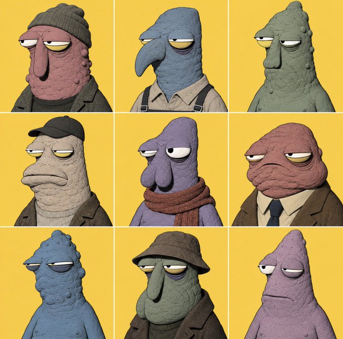 A 3x3 grid of grumpy-looking claymation-style monster portraits with various colors and clothing (hats, scarves, suits) against yellow backgrounds. The post "Dibs on the middle i guess?" likely refers to the purple monster in the center wearing a red scarf.