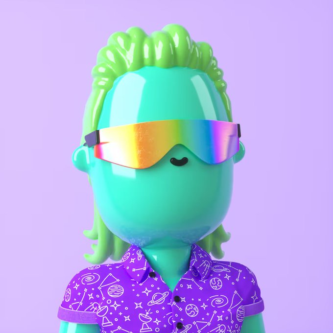 A 3D rendered character with green/teal skin, dreadlocks, iridescent reflective sunglasses, and a purple shirt patterned with astronomical symbols like planets and stars against a lavender background.