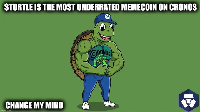 A meme image featuring a muscular cartoon turtle wearing a blue Cronos cap and shirt, with the text '$TURTLE IS THE MOST UNDERRATED MEMECOIN ON CRONOS' at the top and 'CHANGE MY MIND' at the bottom.