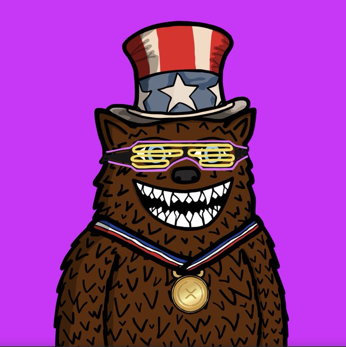A cartoon illustration depicts a brown bear wearing a red, white, and blue Uncle Sam top hat, shutter shades, and a gold medal with an 'X' on it against a purple background.