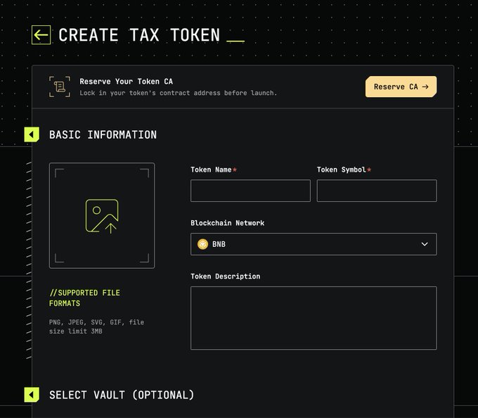 A "Create Tax Token" interface on flap.sh displays a token creation form with fields for Token Name, Token Symbol, Blockchain Network (BNB), and Token Description, along with options to reserve a contract address and select a vault. The image directly illustrates the post's mention of "tax-based launches" and fee mechanics, showing the specific tool used to deploy such tokens on the BNB network.