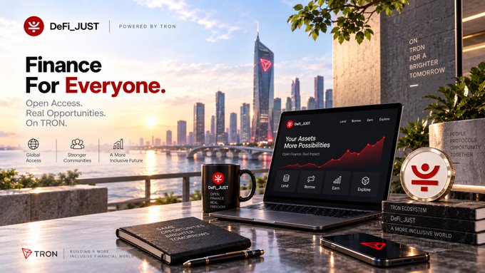 Advertisement for 'DeFi_JUST POWERED BY TRON' with the tagline 'Finance For Everyone' and 'Your Assets, More Possibilities' on a laptop screen.