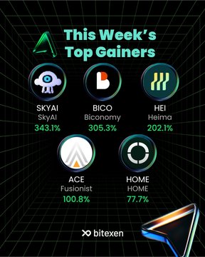 The image, posted by Bitexen, showcases "This Week's Top Gainers" in the crypto market, highlighting five assets: SKYAI (344.1%), BICO/Biconomy (305.3%), HEI/Heima (202.1%), ACE/Fusionist (100.8%), and HOME (77.7%). The graphic visually represents the post's theme of notable weekly highs, providing specific ticker symbols and percentage gains for each leading cryptocurrency.