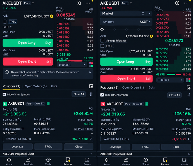 Two side-by-side screenshots of the AKEUSDT perpetual futures trading interface show massive profitable positions: a +213,305.03 USDT (+234.82% ROI) long with 3x leverage and a +204,019.66 USDT (+106.16% ROI) short with 1x leverage, illustrating the trader's successful strategy of flipping between long and short positions to profit in both directions.