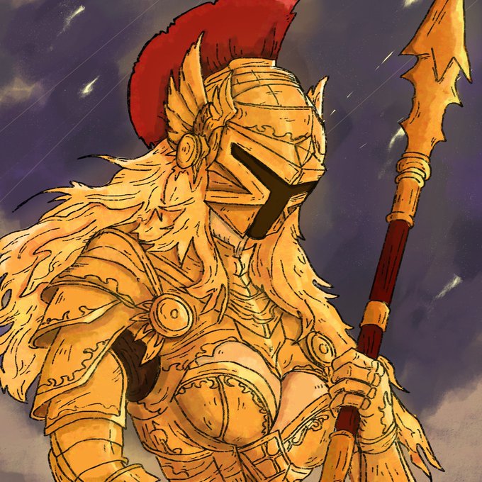 An illustration of a warrior in ornate golden armor with a red-plumed helmet, holding a spear against a cloudy sky.