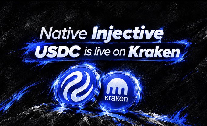 A promotional graphic reads "Native Injective USDC is live on Kraken" with logos for Injective and Kraken displayed below in blue.