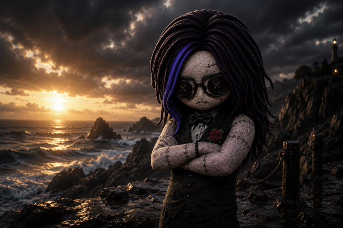 A gothic 3D-rendered doll-like figure with stitched skin, button eyes, purple-streaked dreadlocks, and a vest stands with arms crossed on a rocky coastline at sunset.