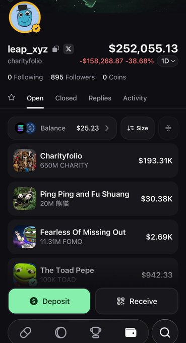 A screenshot of a crypto wallet profile for "leap_xyz" (charityfolio) showing a portfolio balance of $252,055.13 with a -38.66% loss ($158,268.87) and 895 followers, featuring holdings in Charityfolio, Ping Ping and Fu Shuang, FOMO, and Toad Pepe tokens. The image relates to the post by showcasing the verified Pump app account displaying the user's meme coin portfolio.