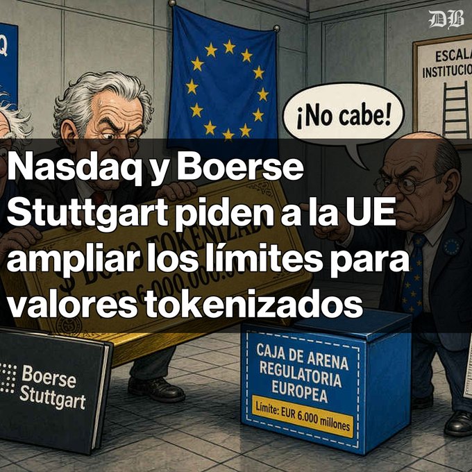 A cartoon illustration depicting Nasdaq and Boerse Stuttgart representatives trying to fit a large 'DEUTSCH TOKENIZADO' box into a small EU regulatory sandbox labeled 'Límite: EUR 6.000 millones', with a caption: 'Nasdaq y Boerse Stuttgart piden a la UE ampliar los límites para valores tokenizados' and speech bubble '¡No cabe!'.