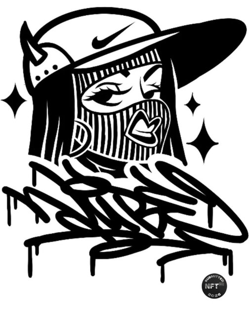 A black and white graffiti-style illustration of a figure wearing a visor and a face mask/bandana, featuring a Nike logo and an 'NFT 2020' stamp.