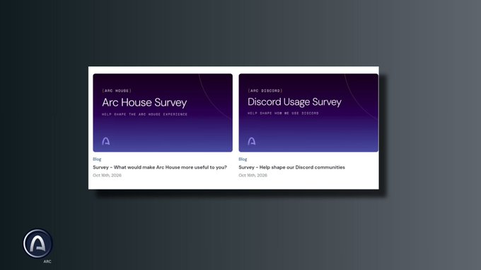 A webpage or app interface displaying two survey cards: 'Arc House Survey' and 'Discord Usage Survey', both posted in the 'Blog' section on Oct 16th, 2026.