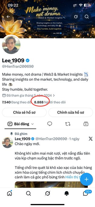 A X/Twitter profile for 'Lee 1909' (@HienTran200690) with the bio 'Make money, not drama | Web3 & Market Insights'; the follower count '8.888' is circled in red.