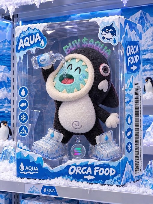 A plush toy called 'BUY $AQUA' orca/killer whale figure is displayed in toy packaging labeled 'ORCA FOOD' with 'AQUA' branding, set against an icy background with penguins.