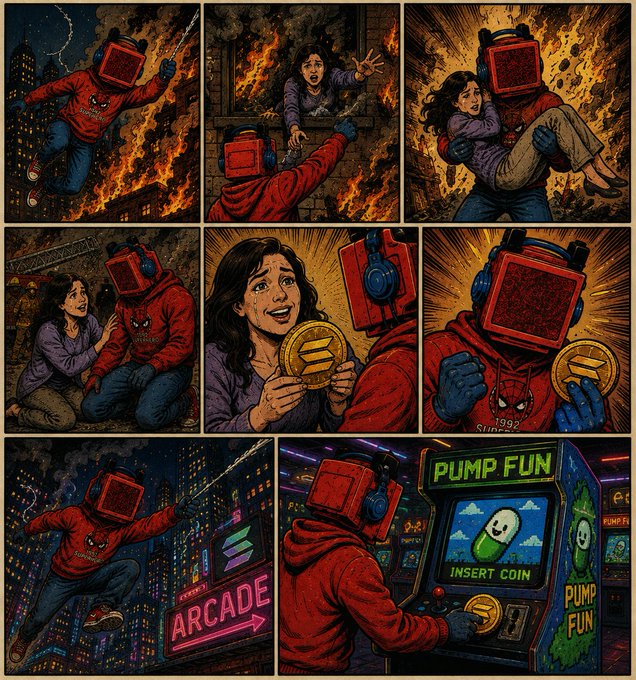 A nine-panel comic strip featuring a Spider-Man character with a TV for a head, depicting rescue scenes, a coin offering, and 'PUMP FUN' arcade signage.