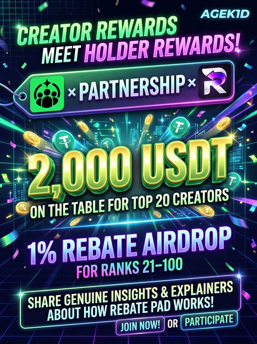 A colorful promotional poster advertises AGEKID creator rewards: “MEET HOLDER REWARDS!,” “PARTNERSHIP,” “2,000 USDT,” “1% REBATE AIRDROP,” and participation instructions.
