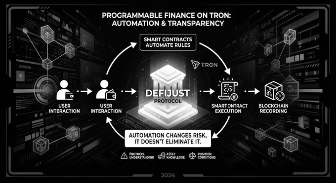 A dark-themed infographic titled "PROGRAMMABLE FINANCE ON TRON: AUTOMATION & TRANSPARENCY" explaining the DeFiJust Protocol workflow on the TRON blockchain.