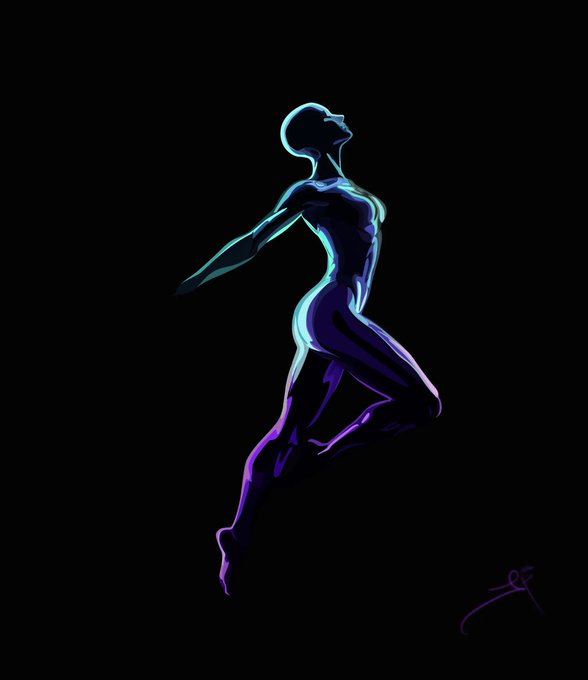 A digital illustration of a stylized humanoid figure leaping gracefully against a black backdrop, with a blue and purple glowing color palette and a signature in the bottom right corner.