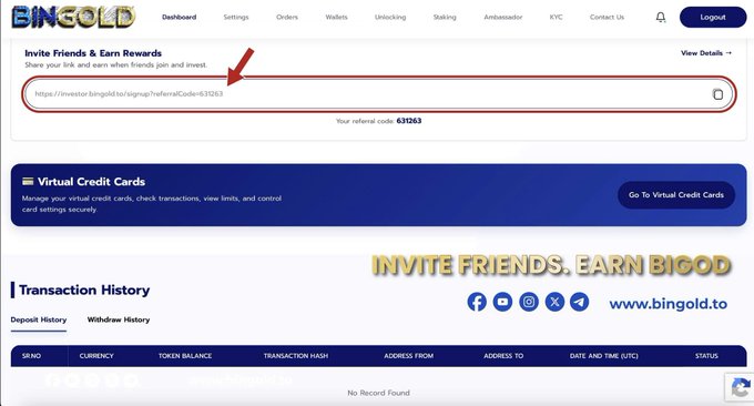 A screenshot of the BiNGOLD platform dashboard showing a referral link section labeled 'Invite Friends & Earn Rewards' with the referral code 631063 highlighted by a red arrow and box.