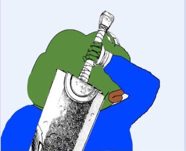 An illustration of a green frog-like character in a blue shirt holding a large, worn sword over its shoulder against a plain background.