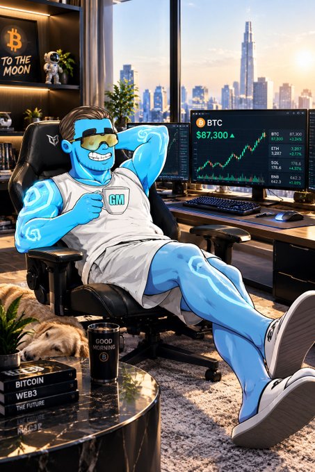 A digital illustration depicts a blue-skinned character wearing sunglasses and a tank top, lounging in a gaming chair while watching a Bitcoin chart that reads $67,300, with a 'TO THE MOON' sign and books about Bitcoin Web3 visible.