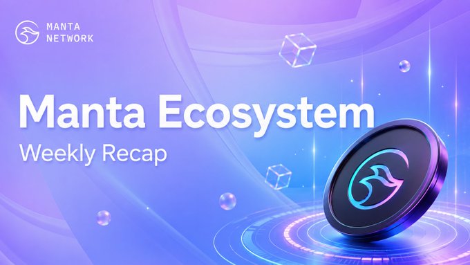 The image is a promotional graphic for Manta Network featuring the "Manta Ecosystem Weekly Recap" headline in white text on a purple gradient background, with a glowing 3D Manta coin and geometric cube accents. It visually represents the brand for the weekly update post covering events from Aug 25 to Sep 1.