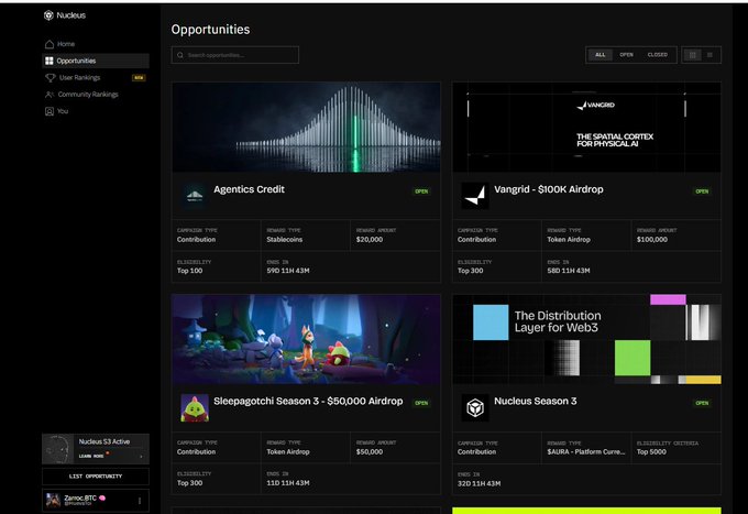 A NucDeus platform dashboard displaying various Web3 airdrop opportunities including Agentics Credit (Stablecoins, $20,000), Vangrid ($100K Airdrop), Sleepagotchi Season 3 ($50,000), and NucDeus Season 3 with SAURA token.