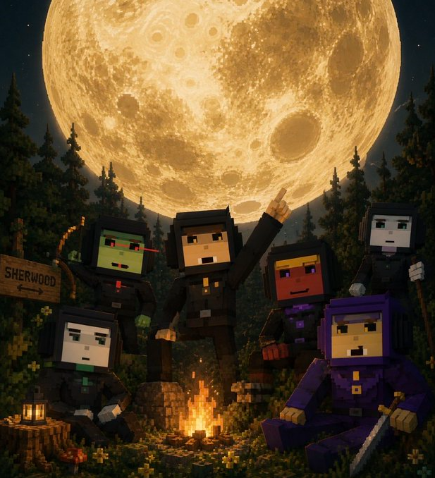 A Minecraft-style illustration shows five blocky hooded figures gathered around a campfire under a massive full moon, with a sign reading 'SHERWOOD' in the forest.