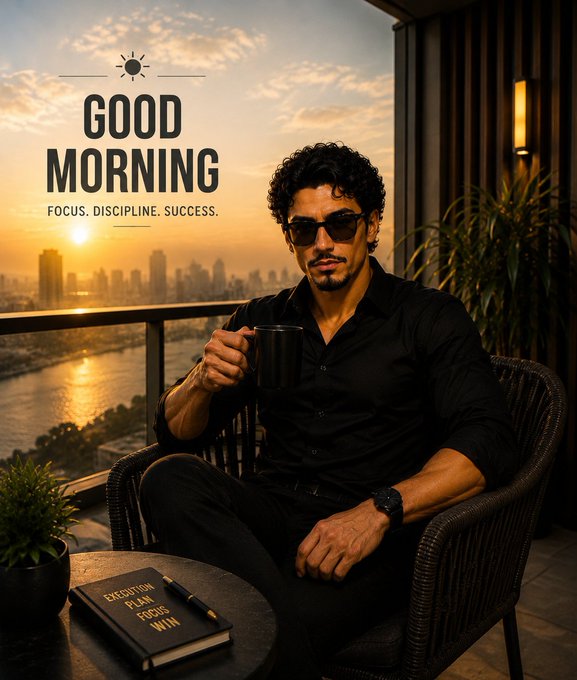 A man in a black shirt and sunglasses sits on a balcony at sunset holding a black mug, with the text "GOOD MORNING: FOCUS. DISCIPLINE. SUCCESS." overlaid; a notebook on the table reads "EXECUTION PLAN. FOCUS. WIN."