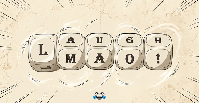 An animated graphic of typewriter keys spells "LAUGH!" with the A's stylized, accompanied by a crying-laughing emoji at the bottom, capturing the humorous tone of the post where the user jokingly begs various Solana community members to bid on a "laughing coin."
