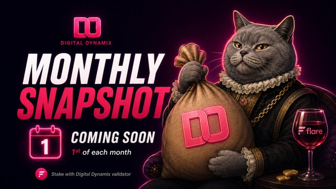 A promotional banner for 'Digital Dynamix' announcing a 'MONTHLY SNAPSHOT COMING SOON' on the '1st of each month,' featuring a regal cat holding a money bag with the DD logo next to a glass of Flare wine.