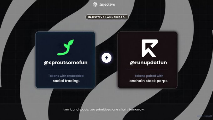 An 'INJECTIVE LAUNCHPAD' promotional graphic features two projects: '@sproutsomefun' (Tokens with embedded social trading) and '@runupdotfun' (Tokens paired with onchain stock perps).