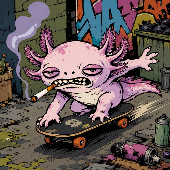 An angry pink axolotl with a cigarette skates on a skateboard through a graffiti-covered alley. The rebellious vibe of the image matches the post's announcement of the $DEGO token launching on pump.fun on Solana, embodying the chaotic "degen" spirit of the meme coin.