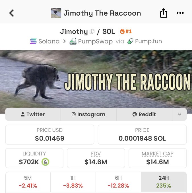 A cryptocurrency tracking page for 'Jimothy The Raccoon' (Jimothy/SOL) on Solana via PumpSwap, showing a price of $0.01469 USD with a 235% gain in 24H.