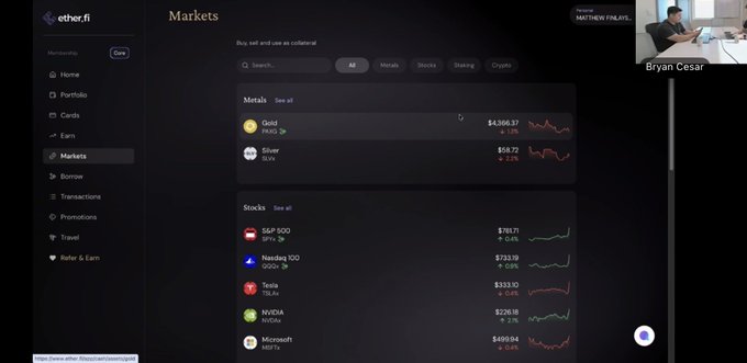 A screenshot of the ether.fi Markets dashboard displaying prices for metals (Gold at $4,356.27, Silver at $58.72) and stocks (S&P 500, Nasdaq 100, Tesla, NVIDIA, Microsoft), with a presenter named Bryan Cesar in a video call overlay.
