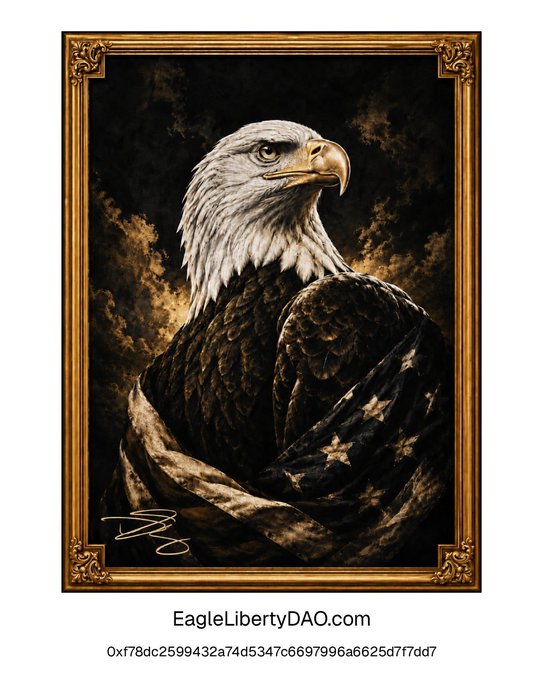 A framed EagleLibertyDAO NFT artwork depicting a bald eagle wrapped in an American flag, labeled EagleLibertyDAO.com with the contract address 0xf78dc2599432a74d5347c6697996a6625d7f7dd7.