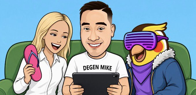A cartoon-style drawing features three characters on a couch: a blonde woman holding a pink flip-flop, a man wearing a 'DEGEN MIKE' shirt looking at a tablet, and a character wearing shutter shades with an open mouth.